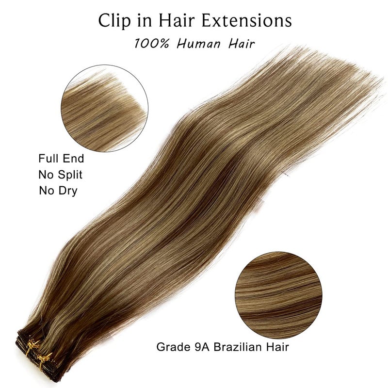 Ubetta Clip in Hair Extensions Real Human Hair Clip in Extensions,20 Inch Chestnut Brown Balayage Blonde Highlights Real Hair Extensions Clip in Remy Human Hair 7 Pieces 70G Double Weft Clip ins Extensions - Image 2